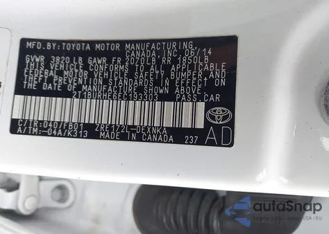 2014 Toyota Corolla Le из США, поврежденный, VIN 2T1BURHE6EC193303